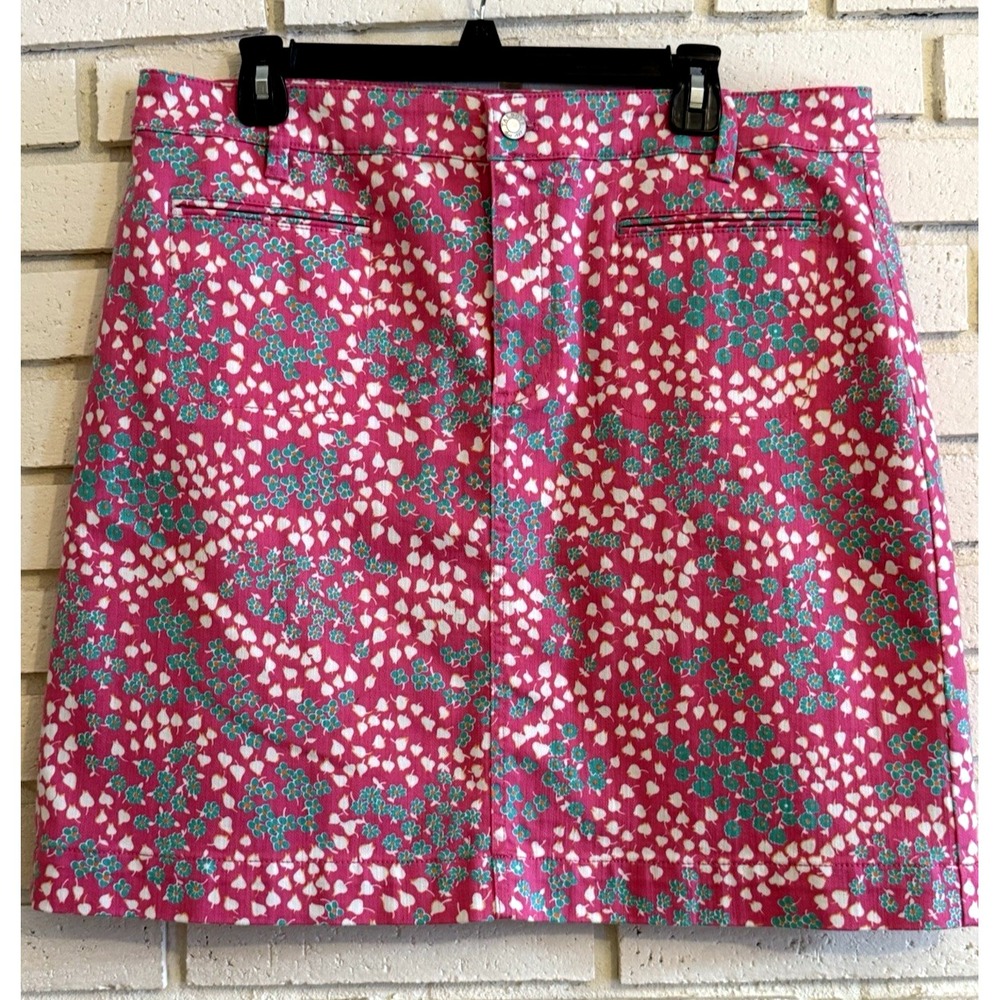Talbots Stretch Denim Pink Green White Floral‎ Skirt Size 14 NWOT